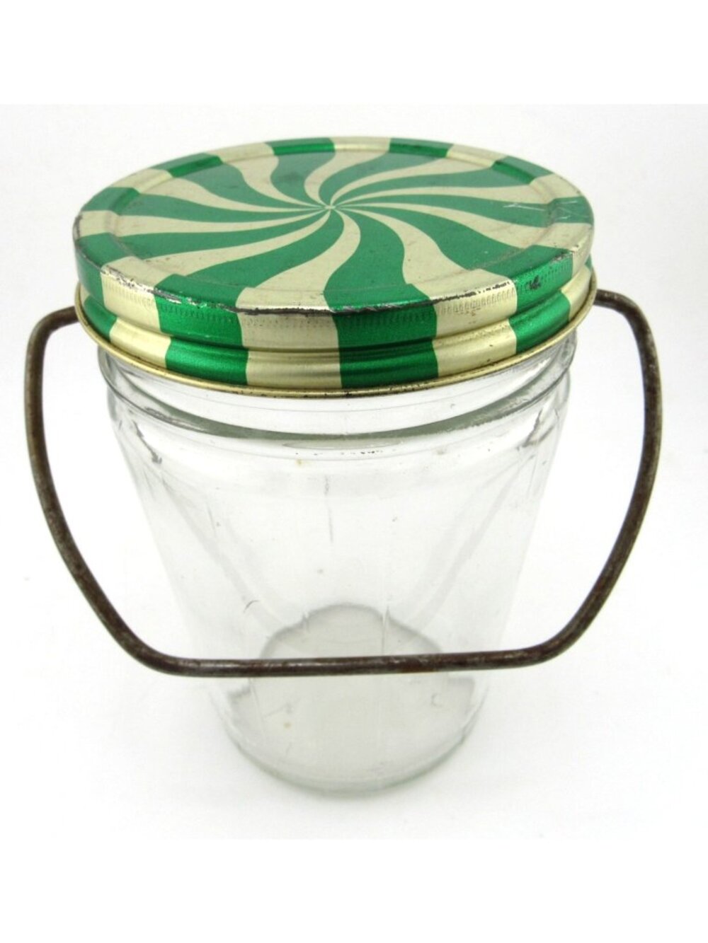 Vintage Retro Christmas Metal Lid Glass Jelly Jam Pickle Relish Jar Wire Handle